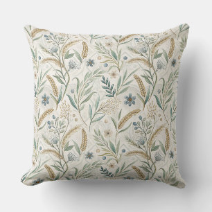 Rustic Wheat & Wildflower Botanical Floral Pattern Throw Pillow