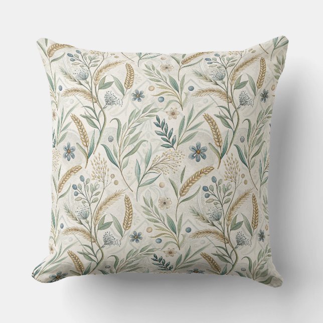 Rustic Wheat & Wildflower Botanical Floral Pattern Throw Pillow (Front)