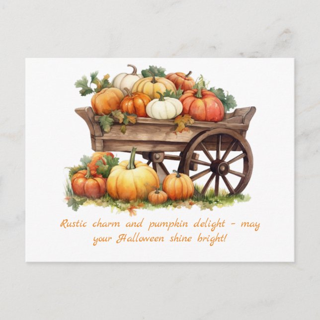Rustic Wheelbarrow of Pumpkins Autumn Halloween Holiday Postcard (Front)