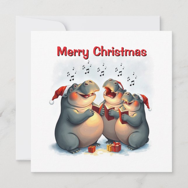 Rustic Whimsical Cute Nice Hippo Winter Caroling  Holiday Card (Front)