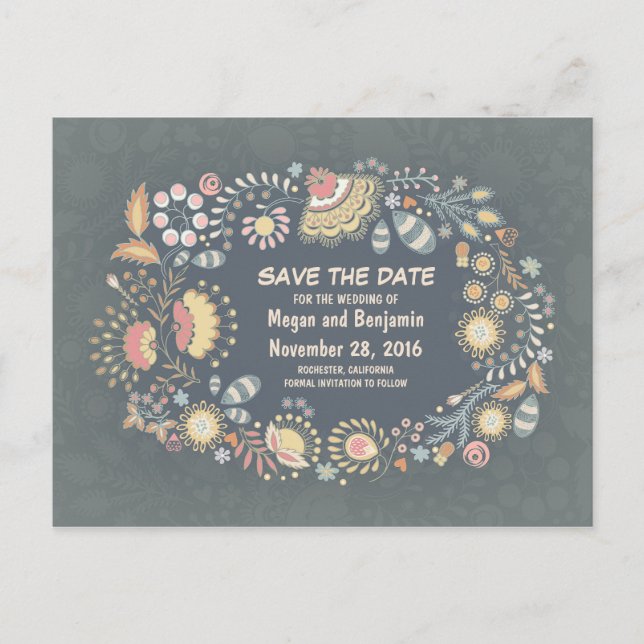 Rustic Whimsical Floral Save The Date Announcement Postcard (Front)
