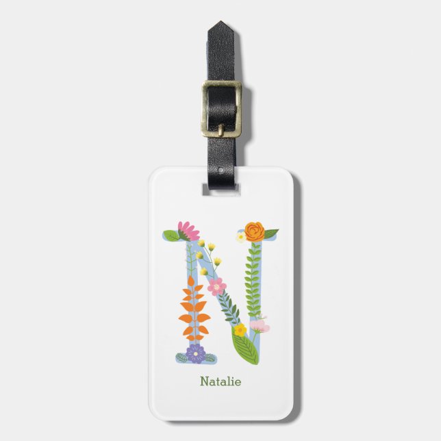 Rustic Whimsical Flower Monogram (N) Luggage Tag (Front Vertical)