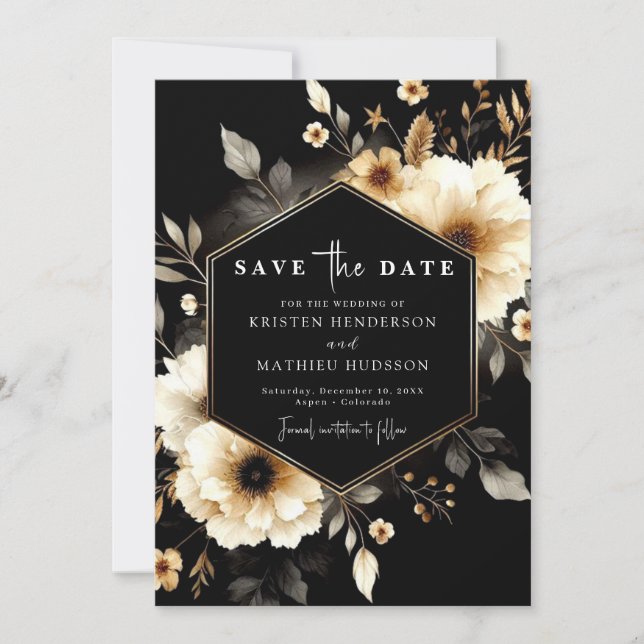 Rustic Whimsical Gold and Black Wedding Save The Date (Front)