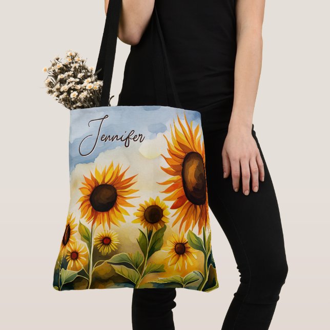Rustic Whimsical Watercolor Sunflowers Monogram Tote Bag (Close Up)