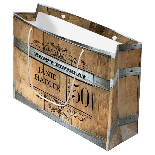 Rustic Whiskey Barrel 50th Birthday Large Gift Bag (Front Angled)
