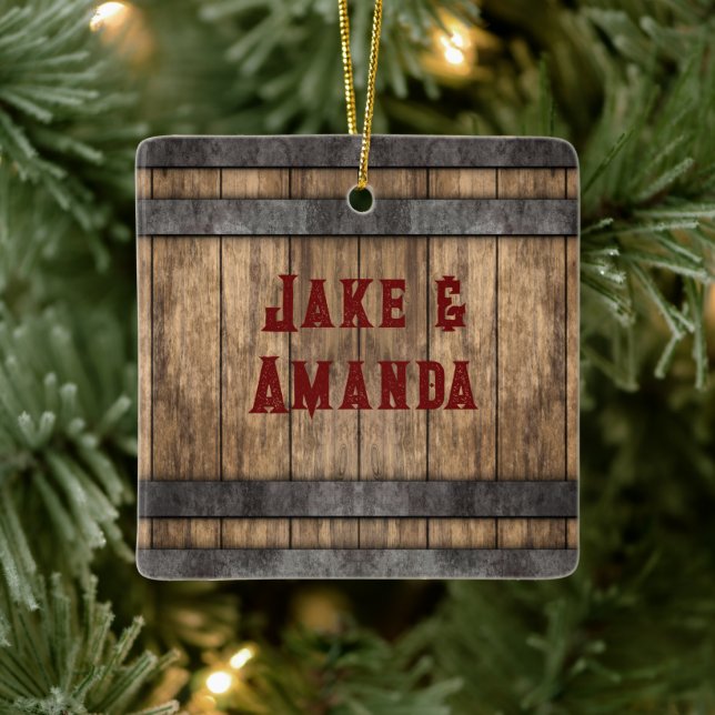 Rustic Whiskey Keg Personalized Ceramic Ornament (Tree)