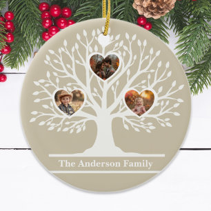 Rustic White 3 Photo Family Tree Personalized   Ceramic Ornament