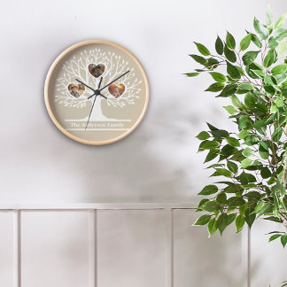 Rustic White 3 Photo Family Tree Personalized   Clock