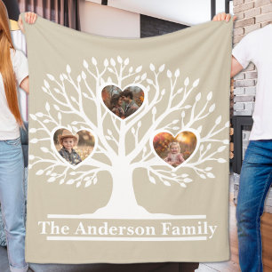 Rustic White 3 Photo Family Tree Personalized Fleece Blanket