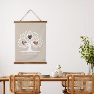 Rustic White 3 Photo Family Tree Personalized   Hanging Tapestry