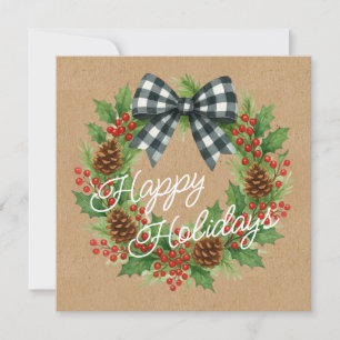 Rustic White And Black Chequered Bow Holiday Card