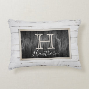 Rustic White and Black Wood Tone Monogram Accent Pillow