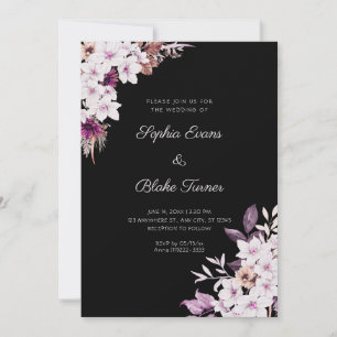 Rustic White and Pink Flowers Boho Black Wedding Invitation