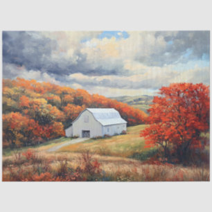 Rustic White Barn Autumnal Trees Decoupage Tissue Paper