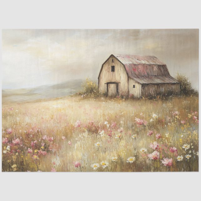 Rustic White Barn Wildflower Field Decoupage Tissue Paper (Front)
