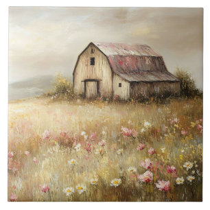 Rustic White Barn Wildflower Field Painting Tile