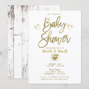 Rustic White Barn Wood Chic Gold Baby Shower Invitation