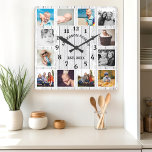 Rustic White Barn Wood Farmhouse 12 Photo Collage Square Wall Clock<br><div class="desc">Rustic White Barn Wood Farmhouse 12 Photo Collage Square Wall Clock. Large beautiful rustic white barn vintage wood personalized family name year established wall decor clock. The perfect country wooden plank look for any home or kitchen.</div>