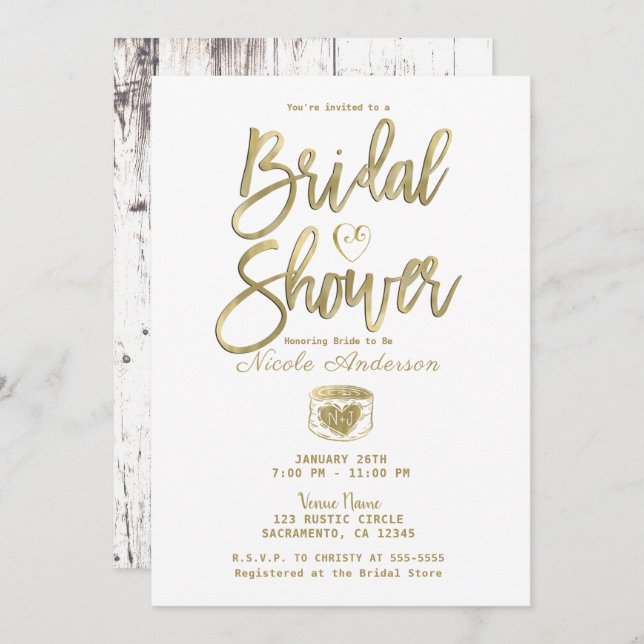 Rustic White Barn Wood Gold Bridal Shower  Invitation (Front/Back)
