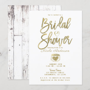 Rustic White Barn Wood Gold Bridal Shower  Invitation