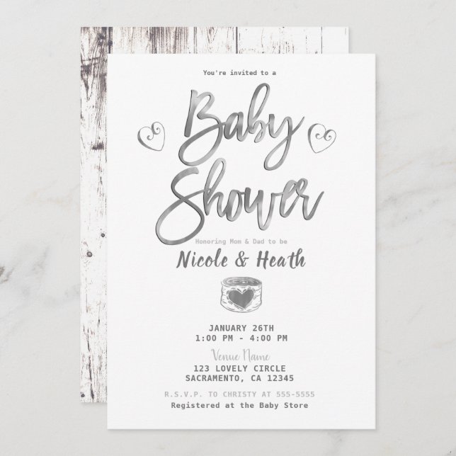 Rustic White Barn Wood Silver Baby Shower    Invitation (Front/Back)
