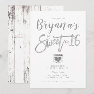 Rustic White Barn Wood Silver Sweet 16 Party    Invitation