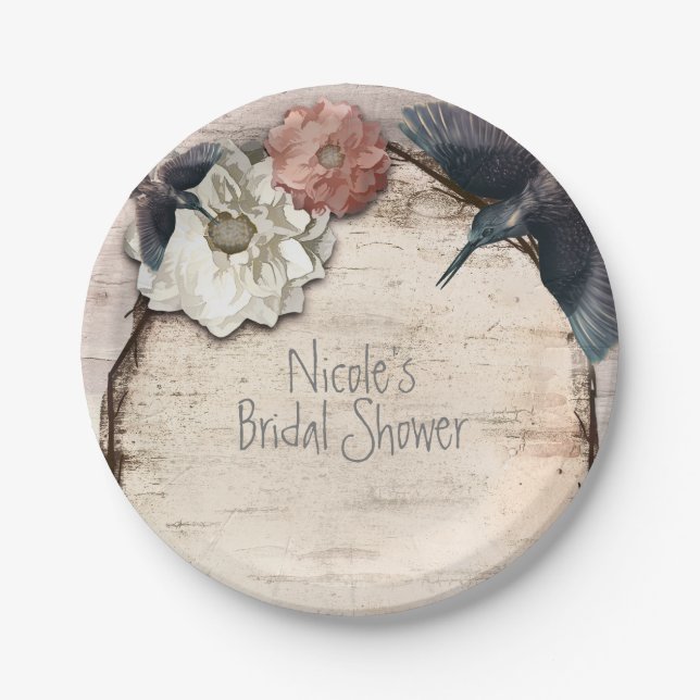 Rustic White Birch Floral & Hummingbird Elegant Paper Plate (Front)
