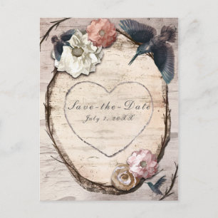 Rustic White Birch Floral & Hummingbird Save Date Announcement Postcard
