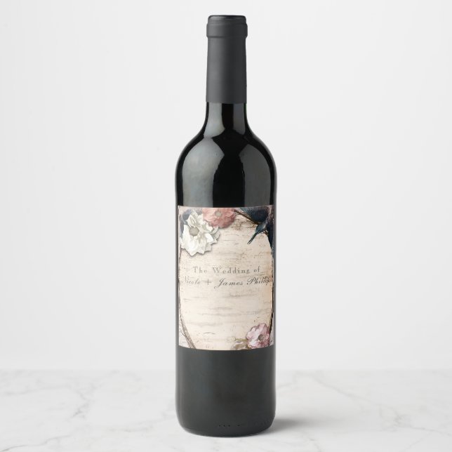 Rustic White Birch Floral & Hummingbird Wine Label (Front)