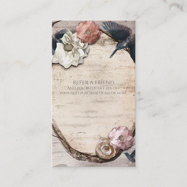 Rustic White Birch Hummingbird Refer a Friend Referral Card (Front)