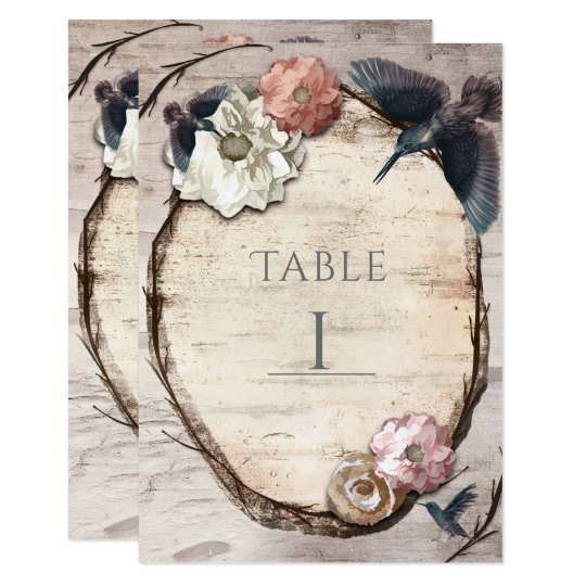 Rustic White Birch & Hummingbird Table Number Card