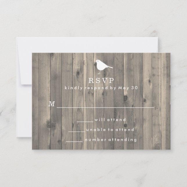 Rustic White Bird on Wooden Background RSVP Card (Front)