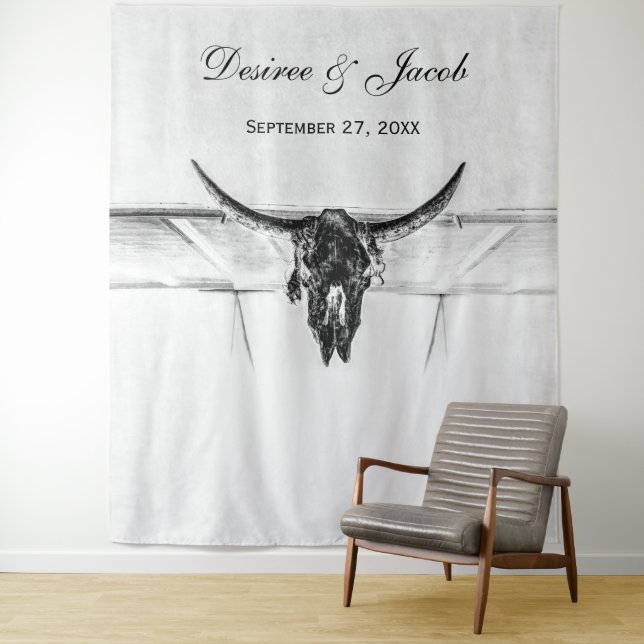 Rustic White Black Western Cow Skull Backdrop Tapestry (In Situ)