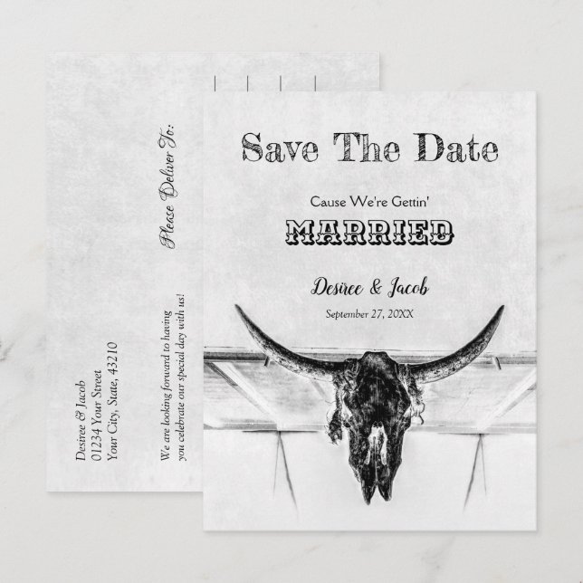 Rustic White Black Western Cow Skull Save The Date Postcard (Front/Back)