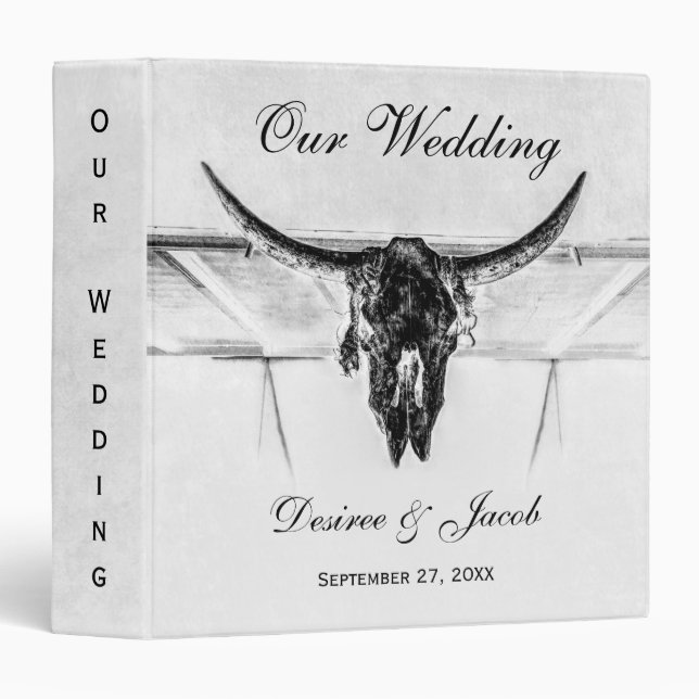 Rustic White Black Western Cow Skull Wedding Binder (Front/Spine)