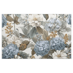Rustic White Blue Botanical Pastel Vintage Floral  Fabric