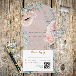 Rustic White & Blush Peonies Pink QR Code All In One Invitation
