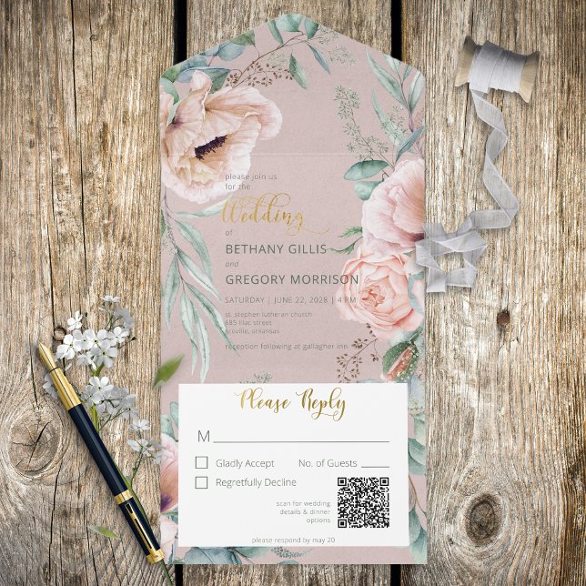 Rustic White & Blush Peonies Pink QR Code All In One Invitation (Creator Uploaded)