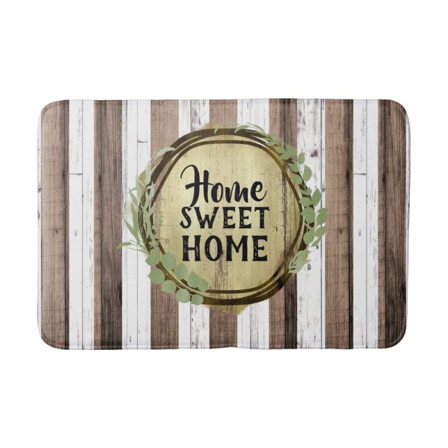 Rustic White & Brown Wood Botanical Wreath Barn Bath Mat (Front)