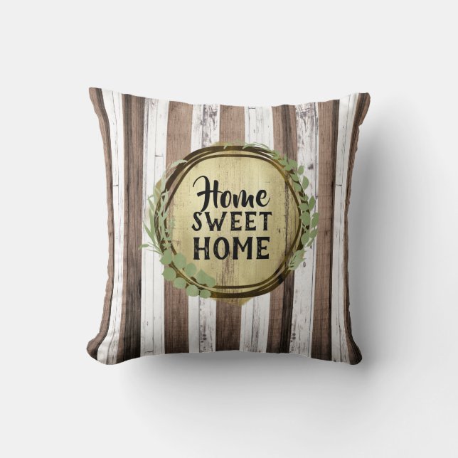 Rustic White & Brown Wood Botanical Wreath Barn Throw Pillow (Front)