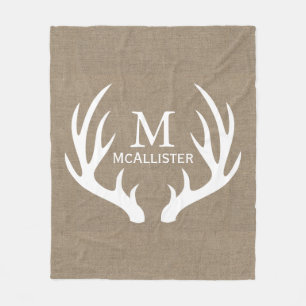 Rustic White Buck Antlers Faux Burlap Family Name Fleece Blanket