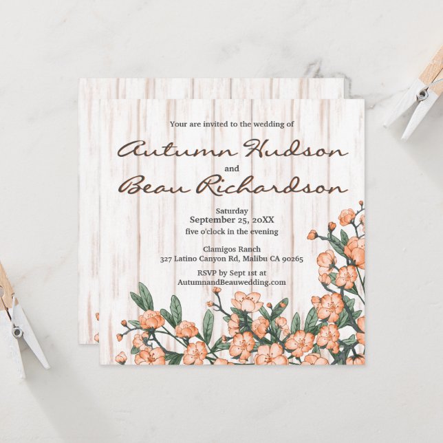 Rustic White Burnt Orange Green Blossoms Wedding Invitation (Front/Back In Situ)