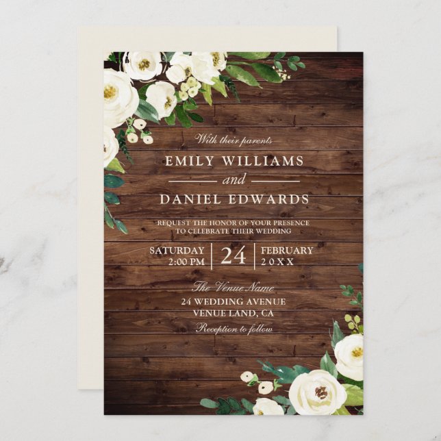 Rustic White Champagne Flowers Wedding Invitation (Front/Back)