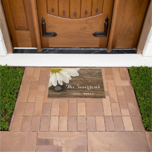 Rustic White Daisy and Country Barn Wood Doormat