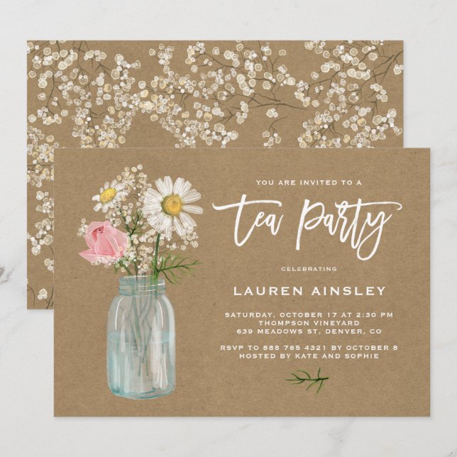 Rustic White Daisy in Mason Jar Kraft Tea Party Invitation (Front/Back)