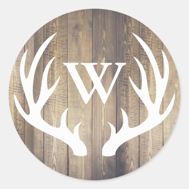 Rustic White Deer Antlers Barn Wood | Monogram Classic Round Sticker (Front)