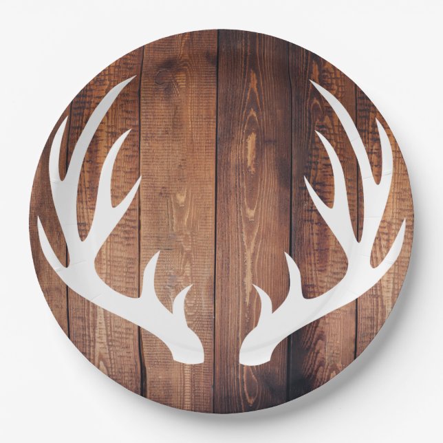 Rustic White Deer Antlers Barn Wood Paper Plate (Front)