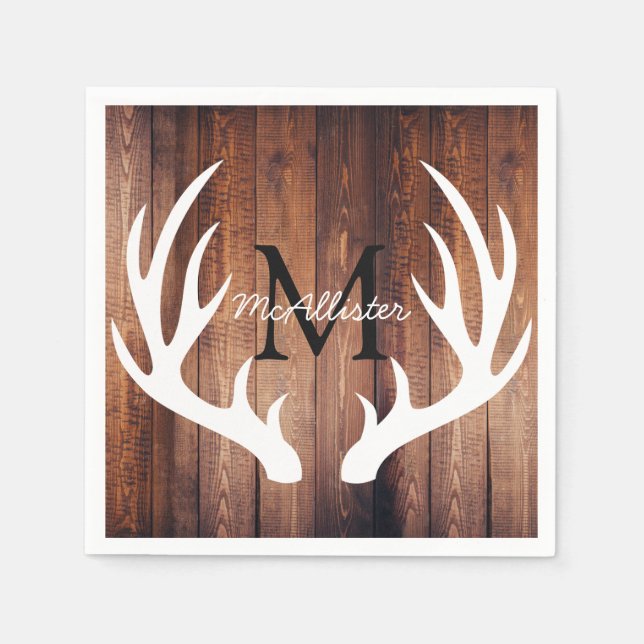 Rustic White Deer Antlers Barn Wood - Personalized Napkin (Front)
