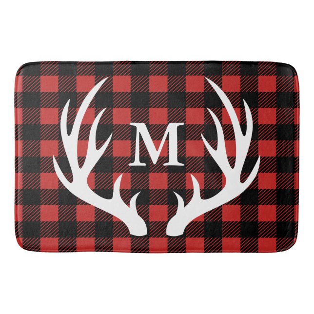 Rustic White Deer Antlers Buffalo Check Plaid Bath Mat (Front)