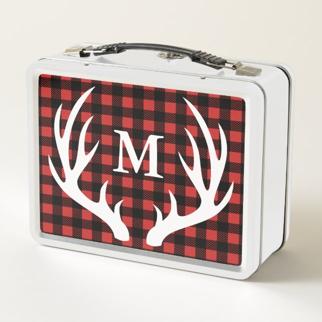 Rustic White Deer Antlers Buffalo Check Plaid Metal Lunch Box (Back)